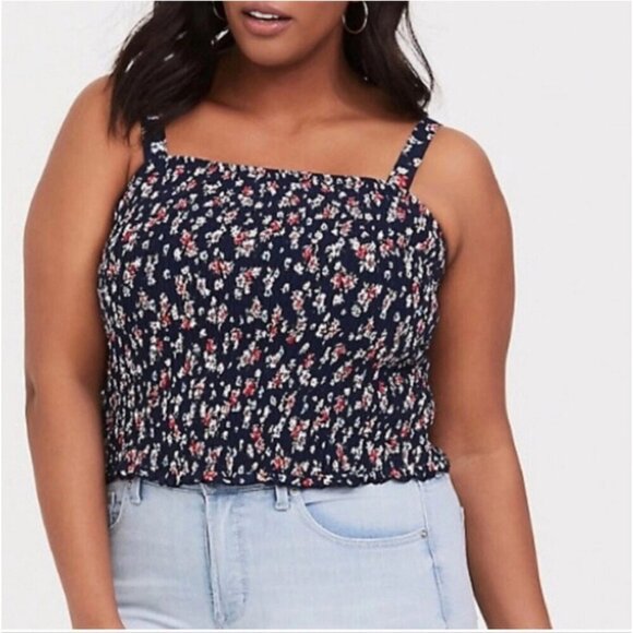 torrid Tops - Torrid Size 1 Challis Navy Ditzy Floral Smocked Crop Tank Top Cami Cottagecore
